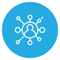 White icon on blue background indicating the concept of sales-oriented guidance and marketing support