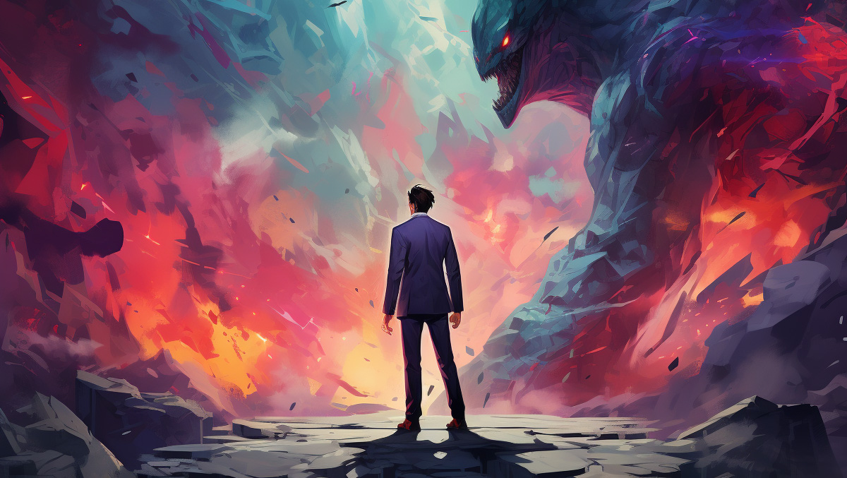 Agility and focus can overcome slow-moving competitors for challenger brands. AI image of a man in a suit challenging a monster.